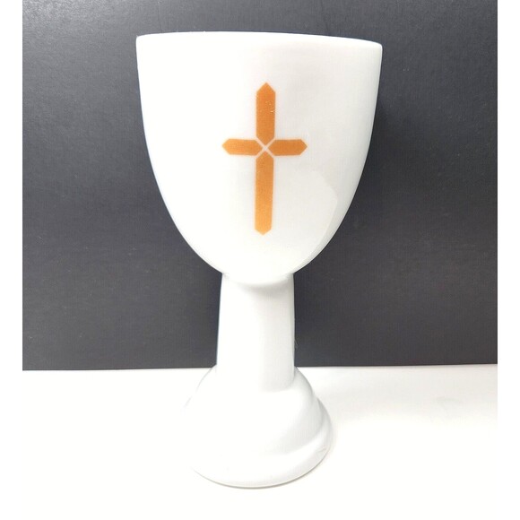 Autom Church Goblet Chalice 6 inch Ceramic White Gold Cross Blessing Cup - Picture 1 of 7